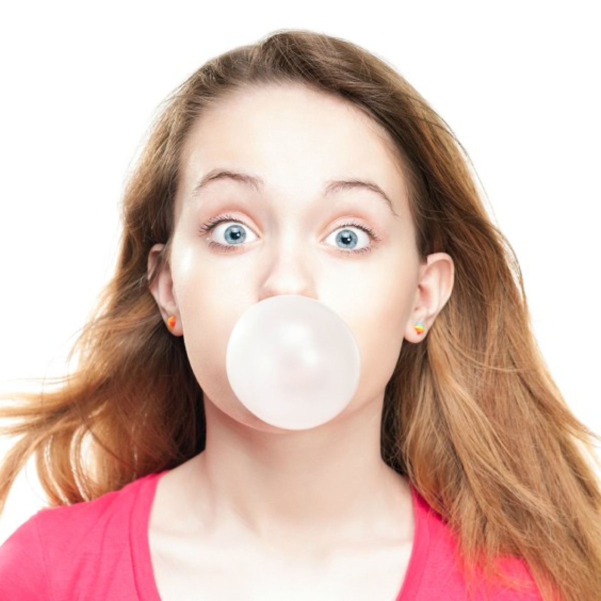 Portrait Of A Blonde Girl With Long And Volume Shiny Wavy Hair With Chewing  Gum In Her Mouth A Woman Is Chewing Gum Stretching Bubble Gum Stock  Photo Picture And Royalty Free