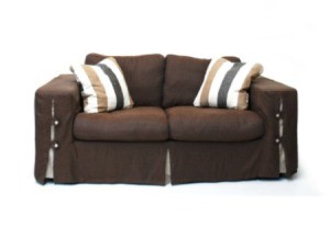 Upholstered couch with soft cushions.