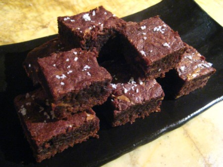 A plate of mini sea salt caramel brownies.