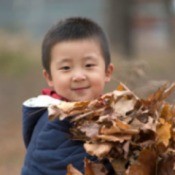 A cute kid holding leaves.