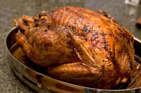A roast turkey in a pan.