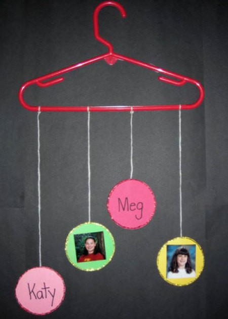 Clothes hanger with friends names and photos.