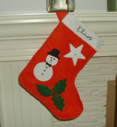 Stocking hanging on mantle.