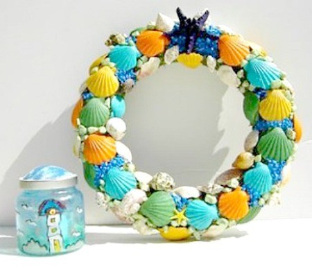 Shell wreath and candle holder.