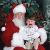 A picture of a child crying on Santa's lap.
