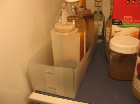 Using sock box for condiments on shelf.