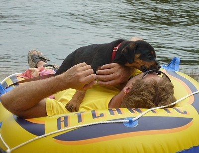 Axlee on rubber raft.