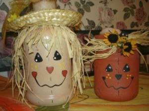Painted Halloween Jars - scarecrow and pumpkin lights