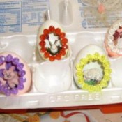 Several finished eggs in carton.
