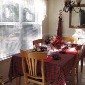 Dining table with window to left.
