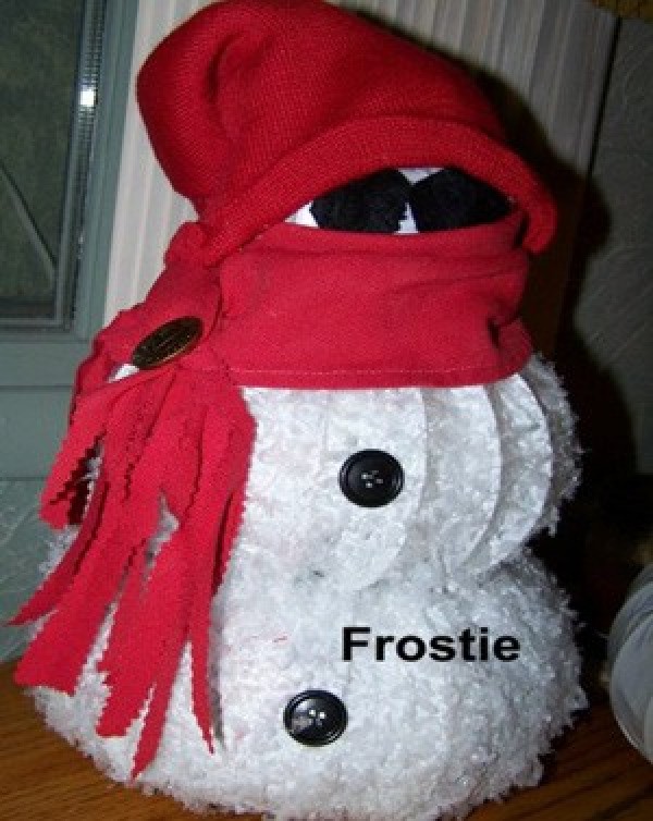 Snowman with red hat, scarf, and shades.