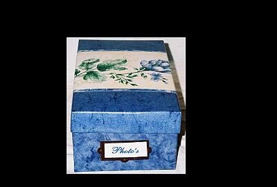 Box covered with blue and flowered paper.