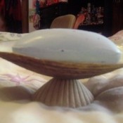 Seashell soap dish with a bar of soap.