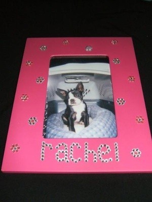 pink frame with name created from stick on rhinestones