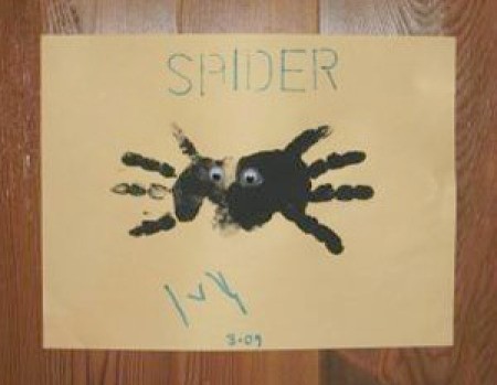 A handprint spider on a piece of paper.