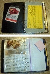 Binder with recipes in sheet protectors.