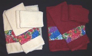 Wide fabric trim on towels.