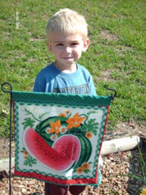 Small boy standing behind a garden flag.