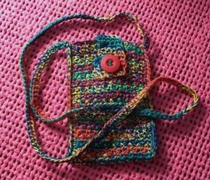 Multicolored crocheted purse.