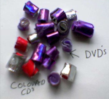 Beads made from recycled DVDs and CDs.