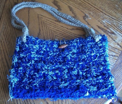 Blue denim crocheted purse.