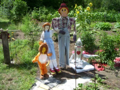 Homemade garden character decorations.