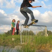 Skateboarder balanced on railing