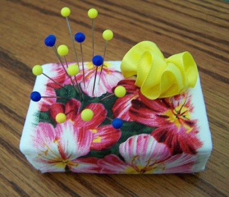 Fabric wrapped soap bar pin cushion.