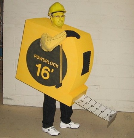 A man dressed as a measuring tape.
