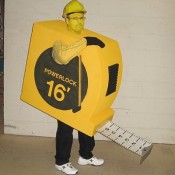 A man dressed as a measuring tape.