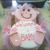 cake shaped like a baby with pink frosting