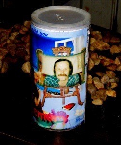 Recycled bread crumb can bank decorated with photos