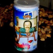 Recycled bread crumb can bank decorated with photos
