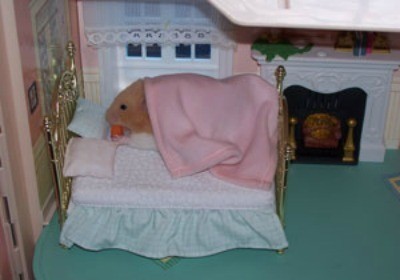hamster on doll house bed