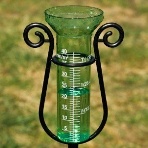 Green glass rain gauge.