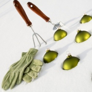 Gloves, garden tools, and ornaments in the snow.