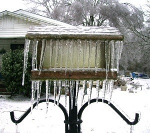 Birdfeeder covered in ice and icicles.