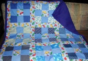 Block quilt in blues.