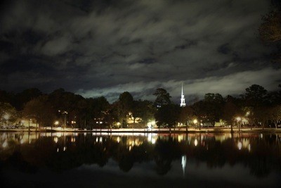 View across lake at night.