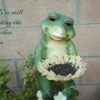 A garden frog birdfeeder sculpture.