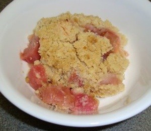 A serving of rhubarb apple crumble.