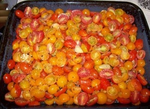 Pan of red and yellow cherry tomatoes.