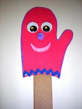 stick puppet in the shape of a mitten with face