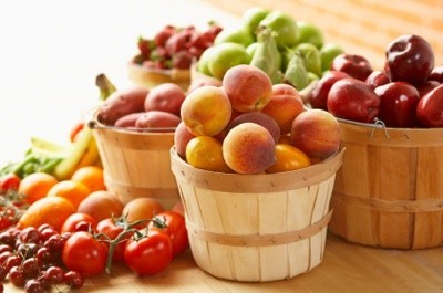 Baskets of fruit and vegetables.