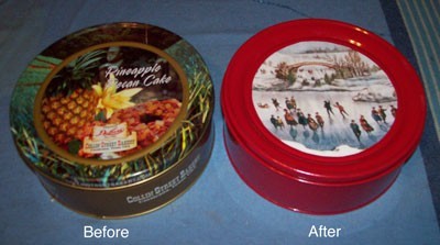 A before and after of a decorated cookie tin.