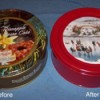 A before and after of a decorated cookie tin.