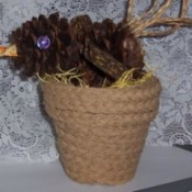 pinecone bird in small jute covered flowerpot
