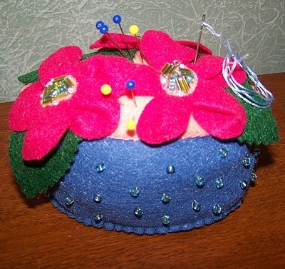 bright pink flowered pin cushion