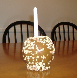 Closeup of faux caramel apple.