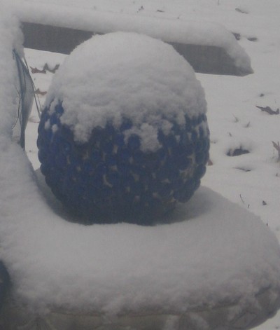 Snow on gazing ball.